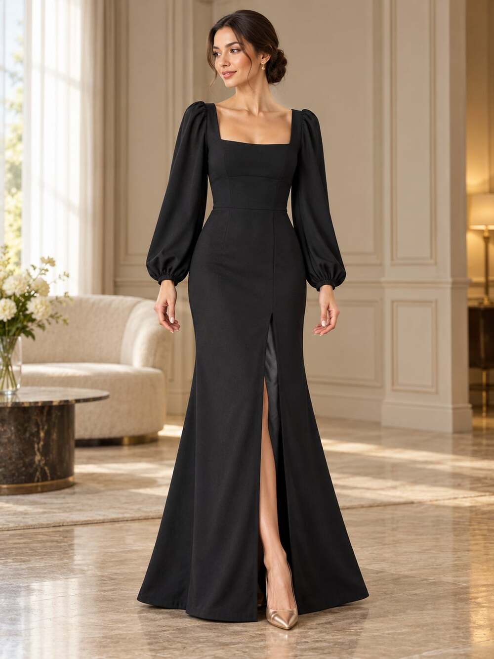 Lulus Composed Elegance Black Balloon Sleeve Mermaid Maxi Dress Size S